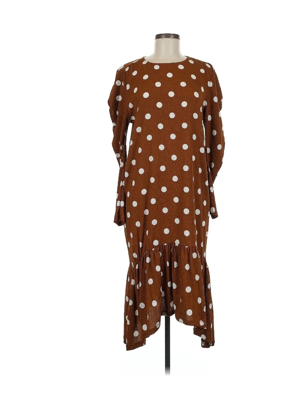 Zara Brown and White Polka Dot Long-Sleeve Midi Dress